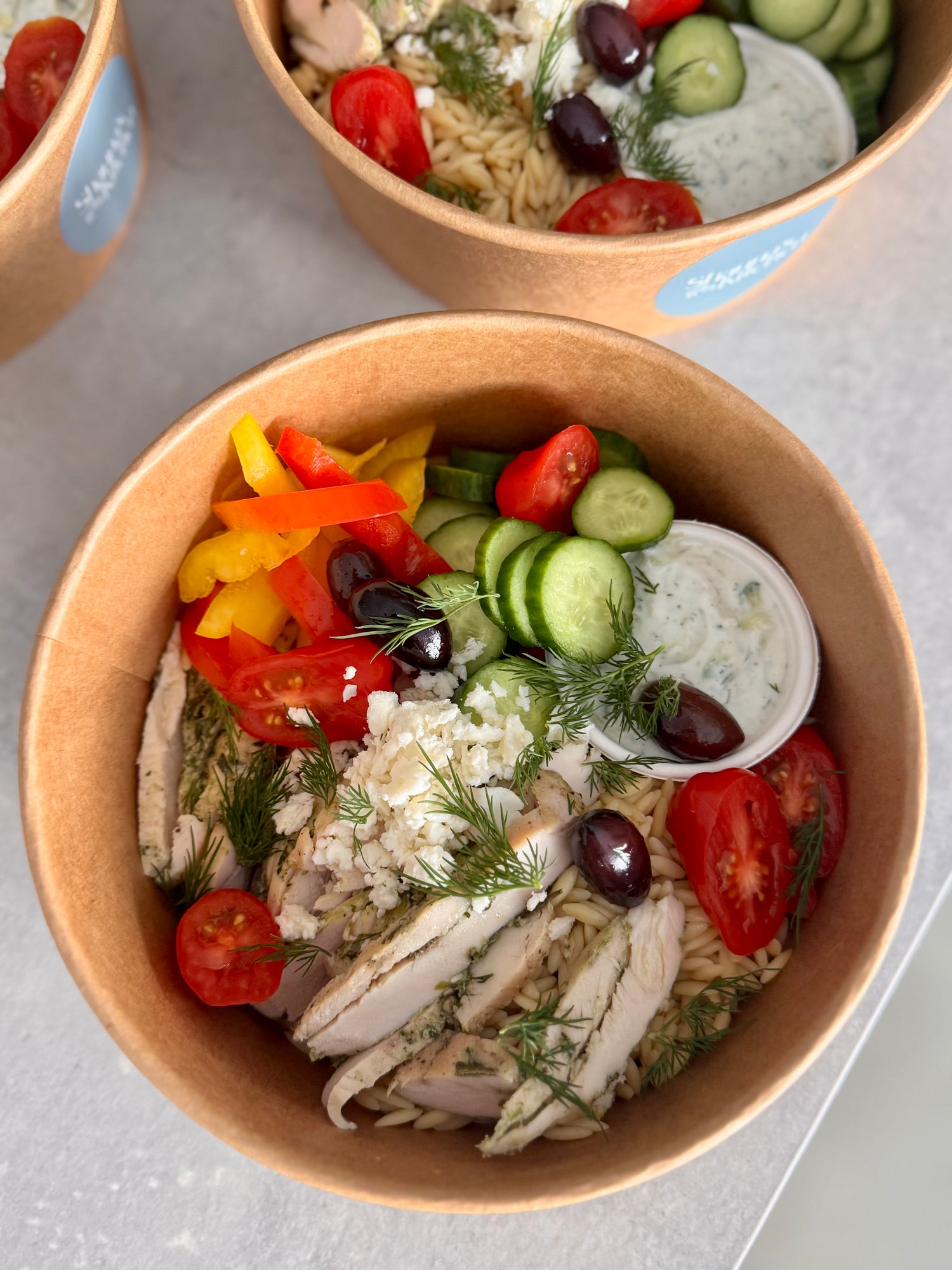 Meditteranean Orzo Herb & Garlic Chicken Tzatziki Bowl
